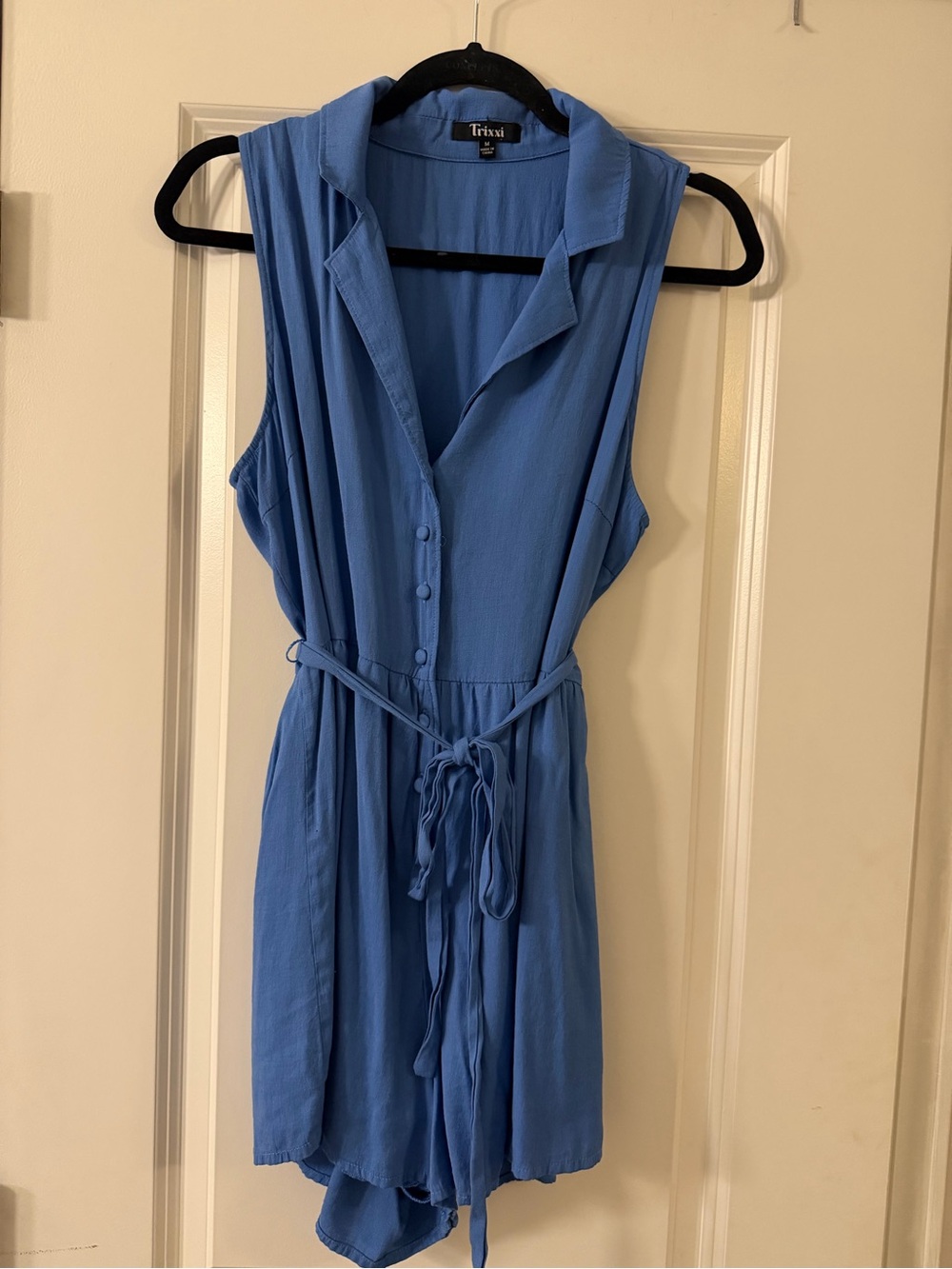 Trixxi Sky Blue Sleeveless Button-Front Romper with Tie Waist